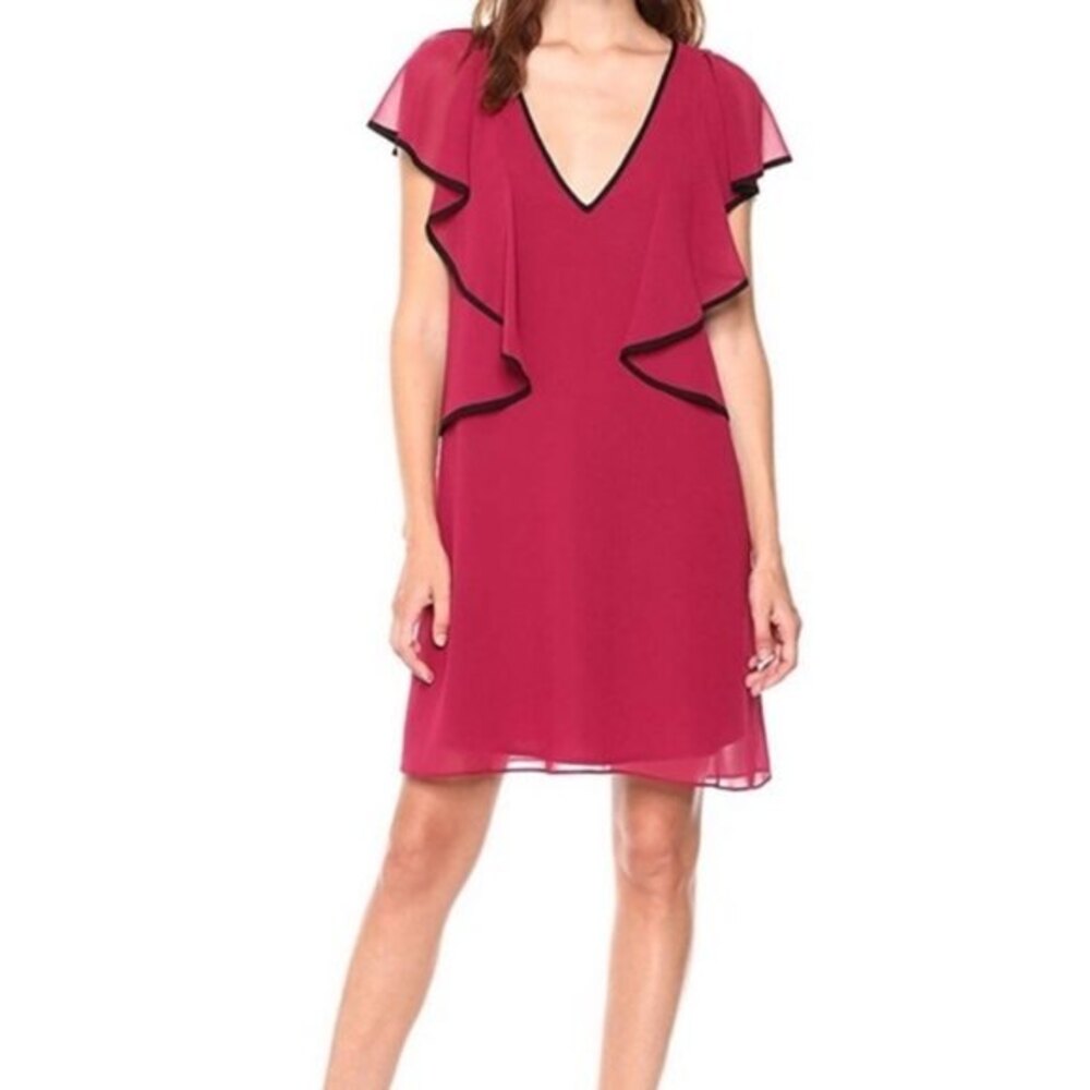 BCBGeneration NWT Garnet Magenta Black Trim Ruffle V Neck Chiffon Dress Size S